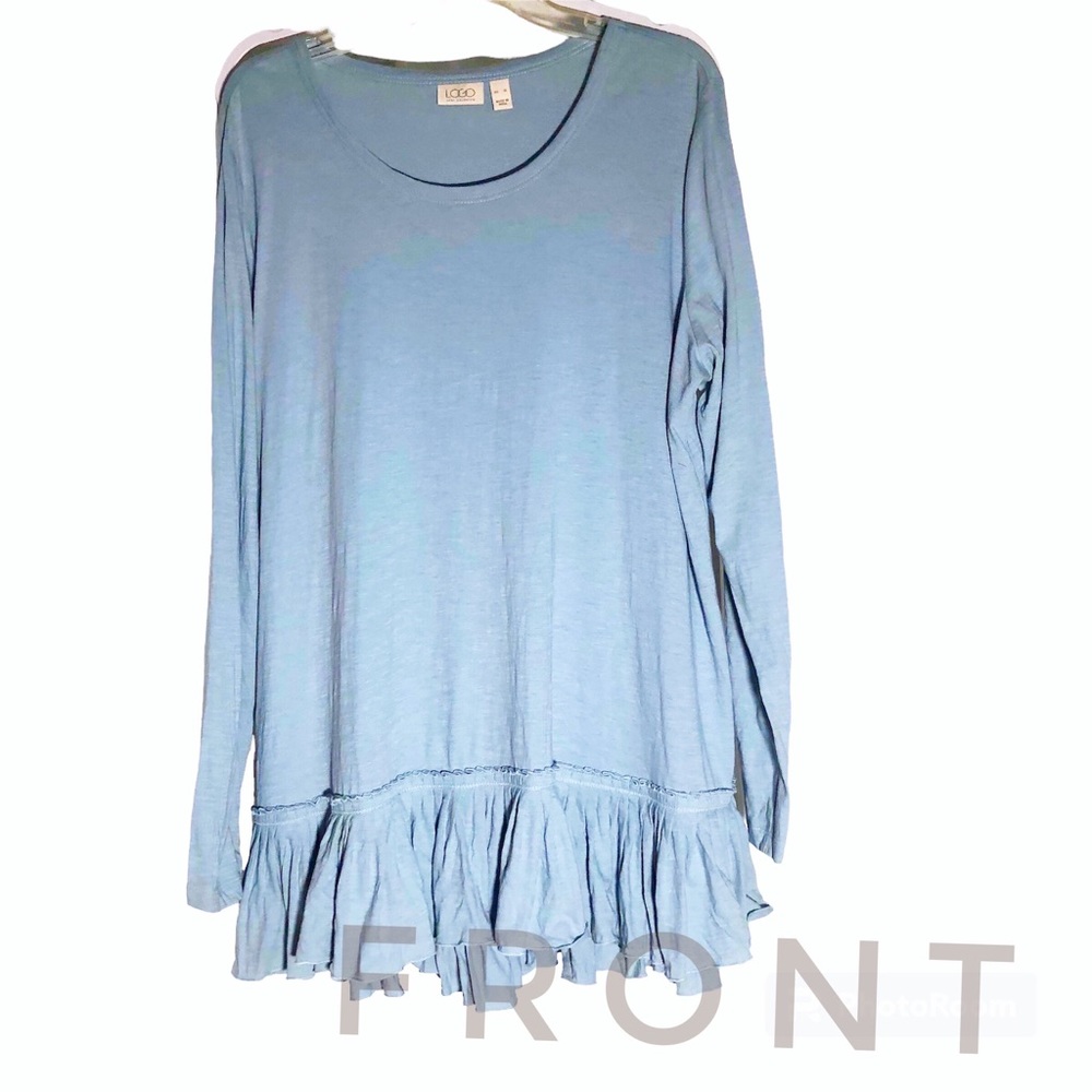 LOGO Lori Goldstein light powder blue gray drop waist peplum pleat top
